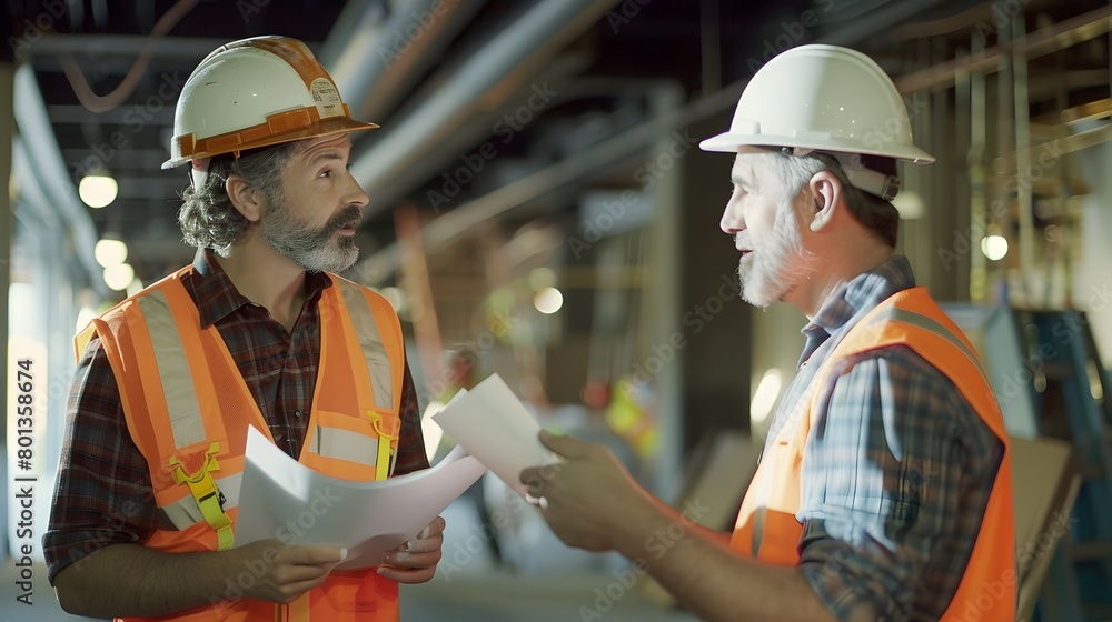 Experienced Construction Workers Collaborating on Site Project Plan Experienced Construction Workers Collaborating on Site Project Plan