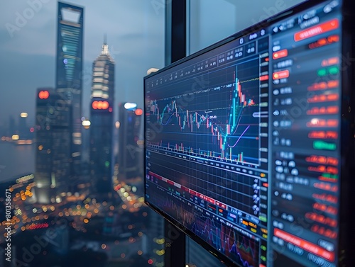 Dynamic Financial Trading Screen Showcasing Market Data Against Illuminated Urban Skyline