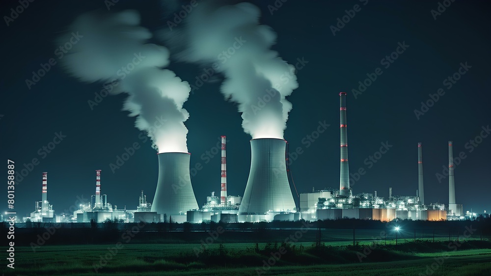 Nuclear power plant station view in the night. Representing the usage of power plant and the pollution it cause to the earth environment