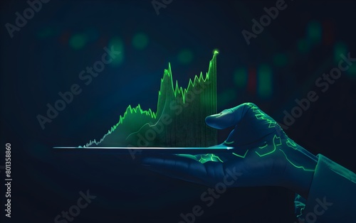 A human hand holding an empty tablet on which the stock market chart is glowing, minimalistic style, dark blue background, green elements of growth and success in business concept