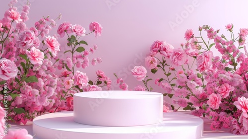 Pink roses and peonies in front of a pink background with a pink podium.