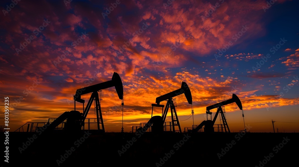 Dramatic Sunset Over Silhouetted Oil Pumpjacks in Industrial Landscape