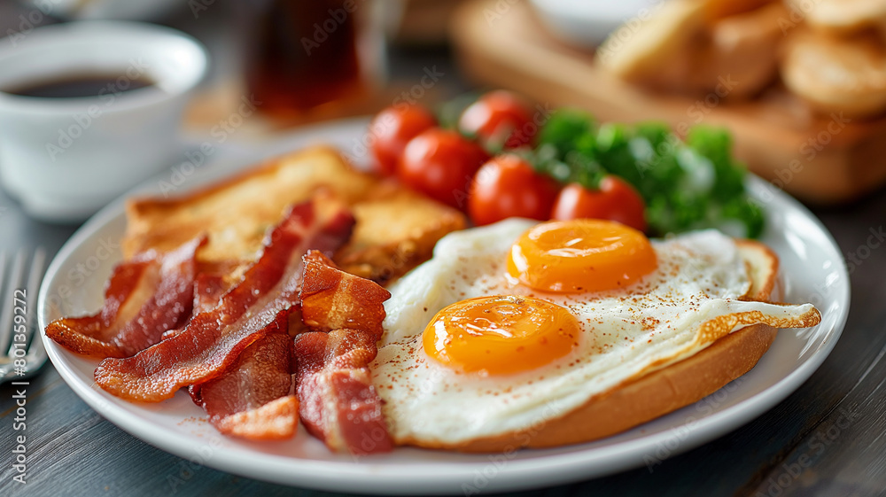 breakfast plate with sunny-side-up egg, bacon, toast, tomatoes, and orange juice, collection of delicious food and breakfast theme breakfast plate with sunny-side-up egg, bacon, toast, tomatoes, and orange juice, collection of delicious food and breakfast theme