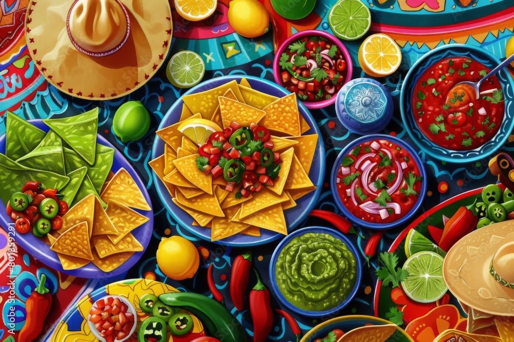 Traditional mexican food mix with traditional spicy meal. Tacos with homemade salsa, limes and parsley.  Many dishes of mexican cuisine. Festive dia de los muertos. Cinco de Mayo