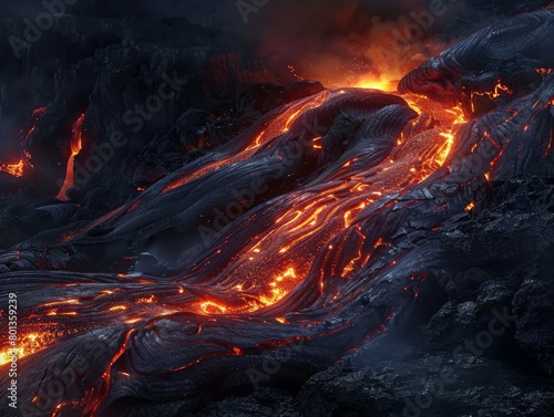 A molten rock flow cascading down a volcanic slope, glowing orange and red in the night 