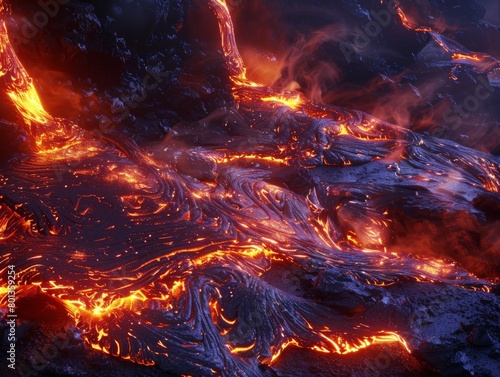 A molten rock flow cascading down a volcanic slope, glowing orange and red in the night 