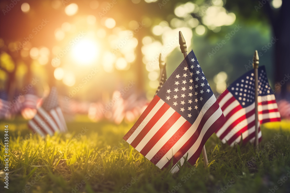 American flags planted in the ground at a cemetery for Memorial Day