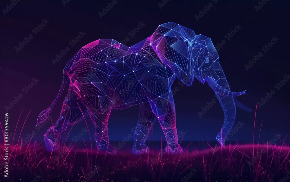 Abstract night elephant digital landscape. Digital low poly wireframe vector illustration with very beautiful 3D effect