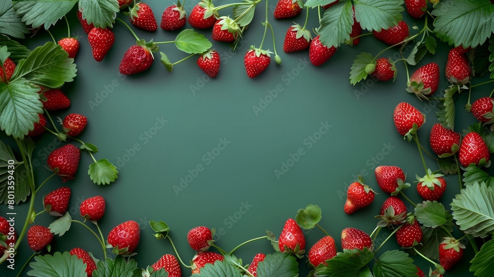 Lush fresh strawberries with leaves frame a dark green background, ideal for vibrant designs. Lush fresh strawberries with leaves frame a dark green background, ideal for vibrant designs.