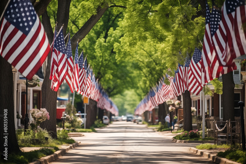 Fototapeta Naklejka Na Ścianę i Meble -  American flags lining the streets of a small town for Memorial Day