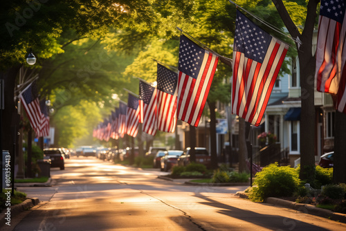 Fototapeta Naklejka Na Ścianę i Meble -  American flags lining the streets of a small town for Memorial Day