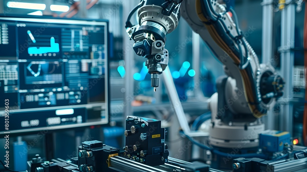 Robotic Arm Operating in Futuristic Industrial Manufacturing Facility Robotic Arm Operating in Futuristic Industrial Manufacturing Facility