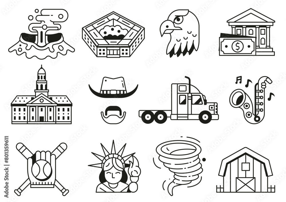 Naklejka premium USA Icons and Design Elements in Line Art