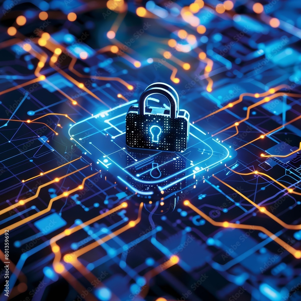 A glowing blue and orange padlock icon sits on a futuristic circuit board with glowing orange and blue lines. A glowing blue and orange padlock icon sits on a futuristic circuit board with glowing orange and blue lines.