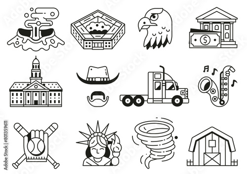 USA Icons and Design Elements in Line Art (ID: 801359611)