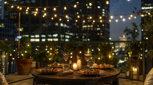 Nighttime rooftop dinner romantic setting with string lights