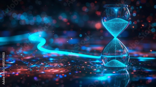 A neon hourglass with glowing sand particles slowly falling, representing the passage of time in a futuristic world 