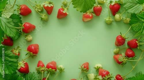 Vibrant display of fresh strawberries with leaves on a soft green background, offering ample copy space.