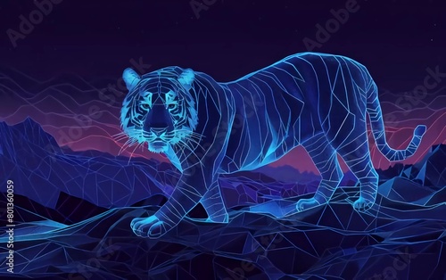 Abstract night tiger digital landscape. Digital low poly wireframe vector illustration with very beautiful 3D effect
