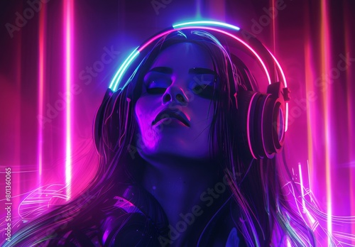 Neon-lit poster featuring a sultry DJ dancer in a nightclub. Ideal for mixtapes, book covers, song albums, and covers.