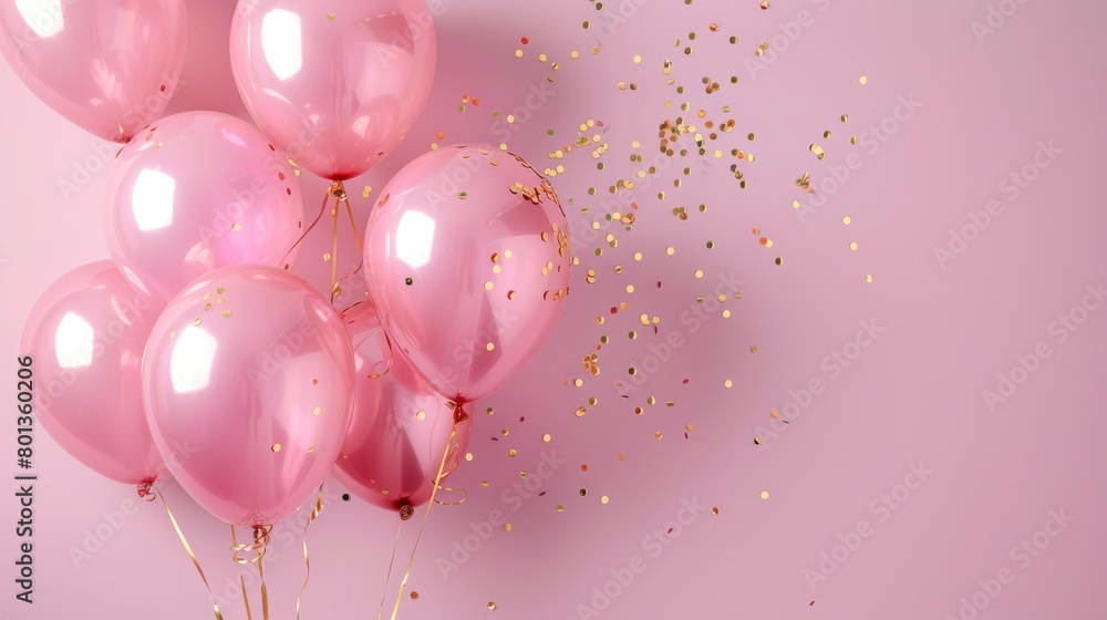 Pink balloons with gold confetti on a pink background.