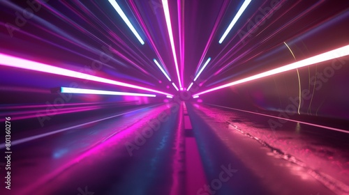 A neon tunnel with glowing lines rushing past the viewer at an accelerated rate, creating a disorienting sense of speed  photo