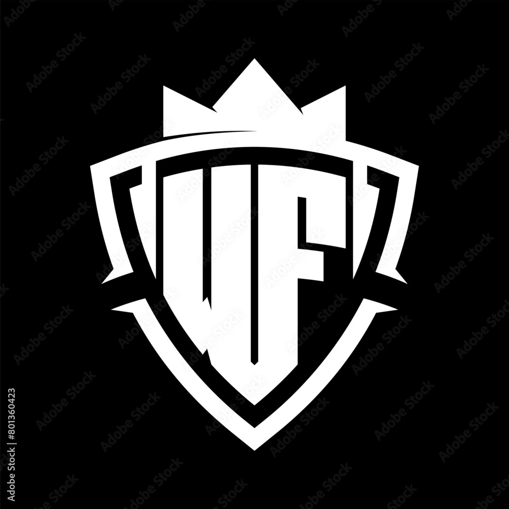 WF Letter monogram with triangle curve shield shape with crown white and black background color design WF Letter monogram with triangle curve shield shape with crown white and black background color design