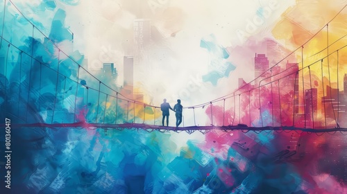 An abstract painting of two people walking on a bridge over a river. The painting is made up of bright colors and has a watercolor-like texture. photo