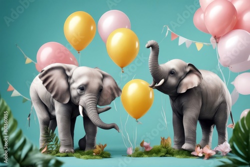 'balloons plants background invitations set tropical children elephants isolated s watercolor ribbons little cards moon fabric postcard childish star africa boy princess floral party card elephant' photo