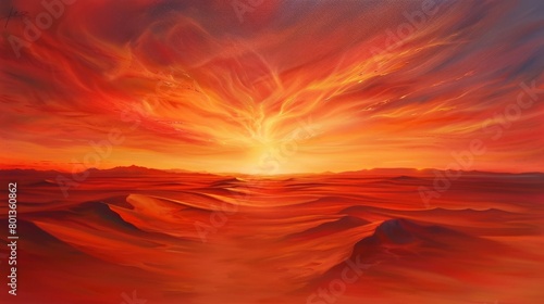 A panoramic landscape painting of a vast desert plain at sunset  with the sky ablaze with fiery orange and red rays that converge on the horizon  meeting the clean lines of sand dunes. 