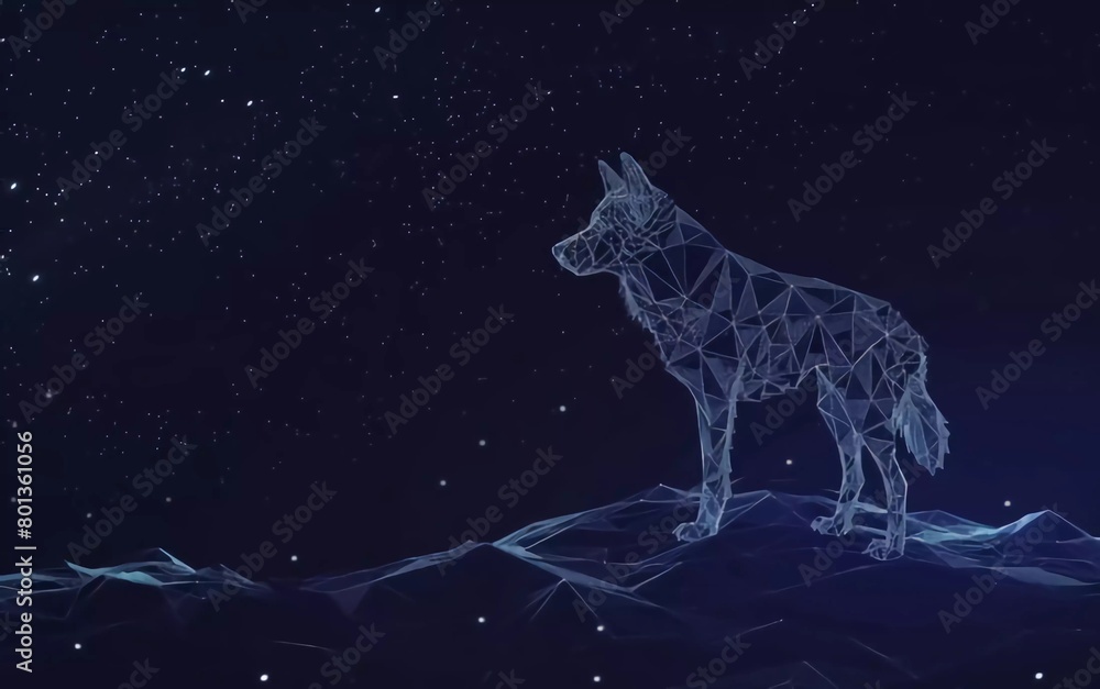 Abstract night dog digital landscape. Digital low poly wireframe vector illustration with very beautiful 3D effect