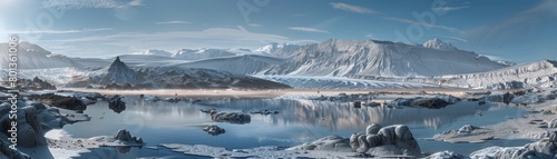 A panoramic view of a volcanic mountain range, with snowcapped peaks, glaciers carving through valleys, and a crystal clear lake reflecting the scenery 