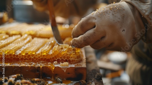 Close up of a beekeepers hands using a honey scraper to remove honey from the combs