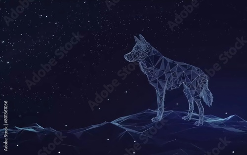 Abstract night dog digital landscape. Digital low poly wireframe vector illustration with very beautiful 3D effect