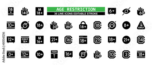 36 Age Restriction Line Icons Set Pack Editable Stroke Vector Illustration.