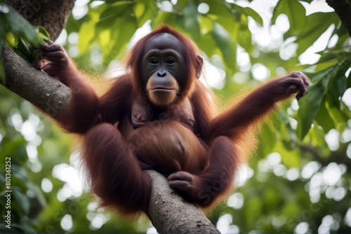 'tree orangutan young orang borneo indonesia pongo primate ape like human male single jungle forest wild animal malaysia rainforest sumatra man population safari nature hairy monkey closeup face' photo