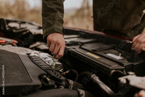 Man checking car's oil level photo