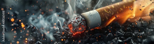 A photorealistic closeup of a cigarette burning down to ash, with wisps of smoke morphing into silhouettes of damaged alveoli 