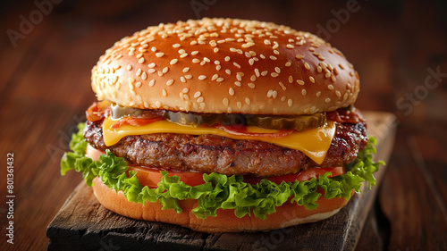 burger or hamburger with grilled beef, cheese and well decorative with fresh ingredients, food photography with restaurant lighting background collection of fast food theme