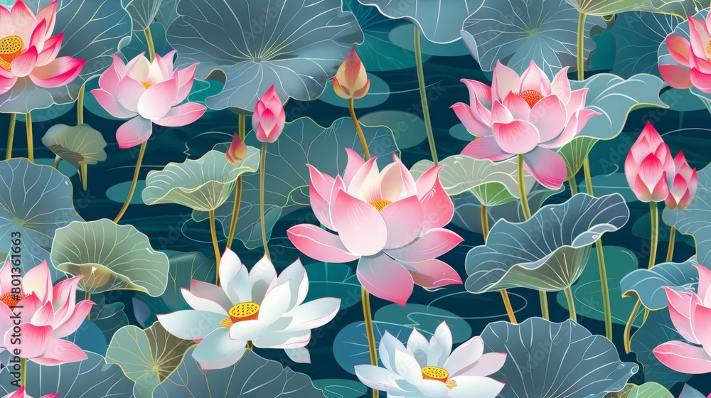 A seamless pattern of pink and white Indian lotus flowers, symbolizing purity and beauty A seamless pattern of pink and white Indian lotus flowers, symbolizing purity and beauty