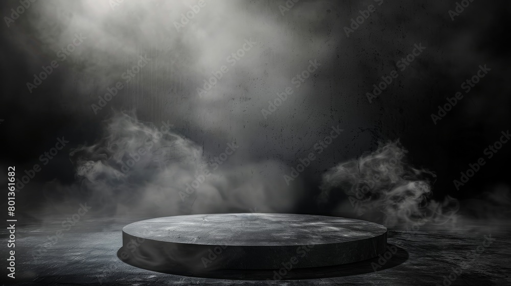 Spotlight on the center of the concrete stage with fog on the dark background