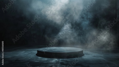 A dark and mysterious stage with a spotlight shining down on an empty pedestal.