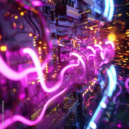 A photorealistic closeup of a neon sign transformer overloaded, sparks flying and wires glowing intensely with electric energy 