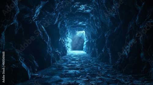 Digital rendering of a dimly lit rocky tunnel with light shining from the end, portraying a sense of hope and possibility.