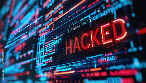 The text "System HACKED" was written on a digital screen, with glowing red text on a blue and black background. A digital illustration depicted a cyber attack or data footage