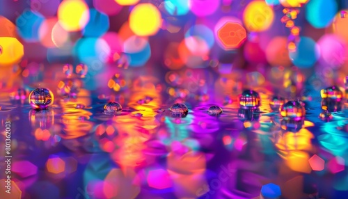 A photorealistic closeup of spilled water droplets on a neon lit dance floor, reflecting the vibrant colors and creating a distorted image 