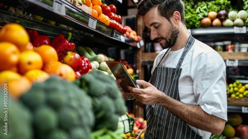 Man in a dietitian's office surrounded by shelves of fruits and vegetables, focused on a health app on his tablet