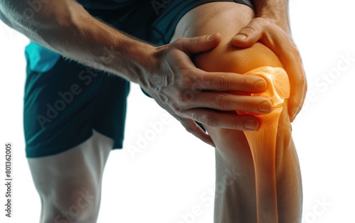 Young sport man with strong legs holding knee with hands in pain after suffering a ligament injury isolated on a white background. knee bone pain illustration