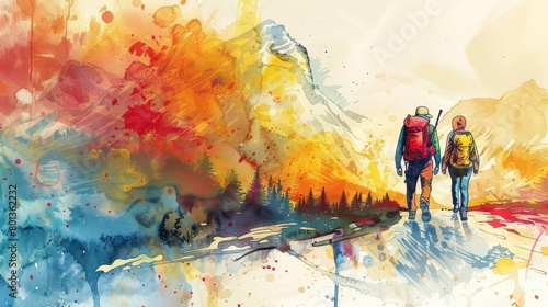 A watercolor painting of two people hiking in the mountains