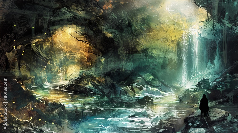 Digital watercolor illustration of an underground cavern housing a fantastical alternate world, with a mystic river flowing and a mysterious figure nearby.